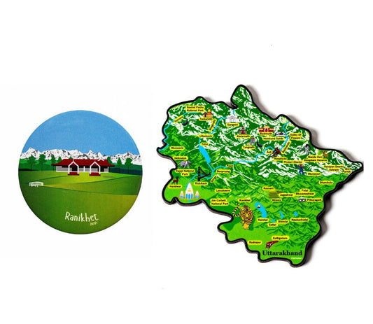FarFarAway - Uttarakhand State Fridge Magnet and Ranikhet Town Hill Pastures Fridge  Magnet (Pack of 2)