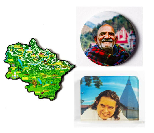 FarFarAway - Uttarakhand State Fridge Magnet,  Neem Karoli Maharaj Fridge  Magnet and  Haidakhan Babaji Car Dashboard (Pack of 3)