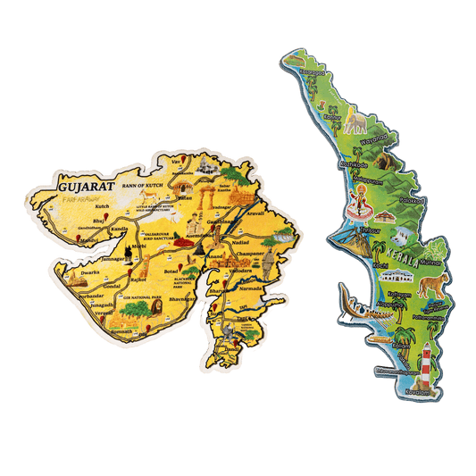 FarFarAway - Best of India Travel State Map Fridge Magnet Pack of 2 - Gujarat and  Kerala