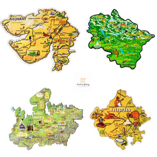 FarFarAway - Best of India Travel State Map Fridge Magnets Pack of 4 - Rajasthan, Uttarakhand, Gujarat, Madhya Pradesh