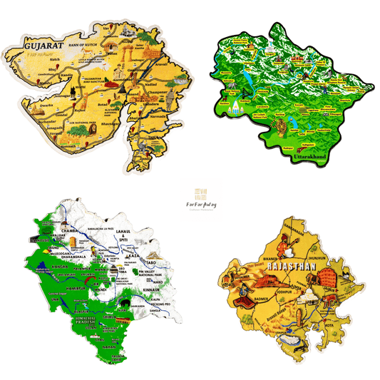 FarFarAway - Best of India Travel State Map Fridge Magnet Pack of 4 - Gujarat, Uttarakhand, Himachal Pradesh and Rajasthan