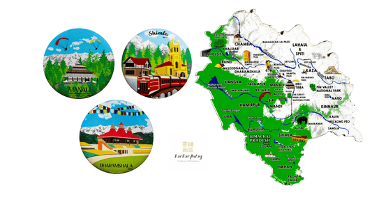 FarFarAway - Best of India Travel Fridge Magnet Pack of 4 - Uttarakhand State Map and Round magnets for Shimla, Manali and Dharamshala