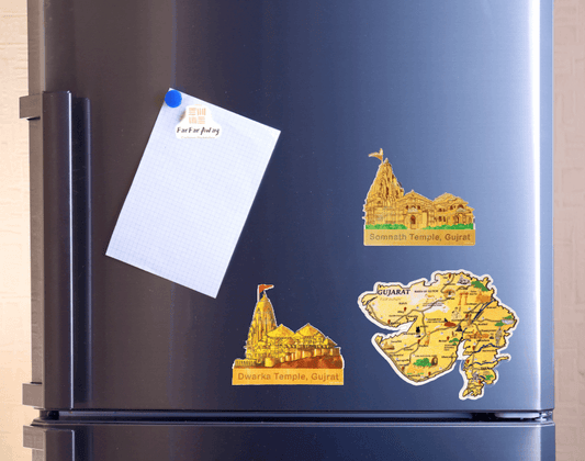 FarFarAway - Best of India Travel Gujarat State Map Fridge Magnet and the Somnath Temple and Dwarka Temple Fridge Magnets (Pack of 3)