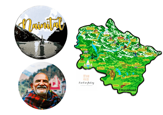 FarFarAway - Best of India Travel Uttarakhand State Map Fridge Magnet, Nainital Hill Station and Neem Karoli Baba Fridge Magnet (Pack of 3)