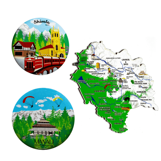 FarFarAway - Best of India Travel  Himachal State Map Fridge Magnet and Round Shimla and Manali Town Fridge Magnet
