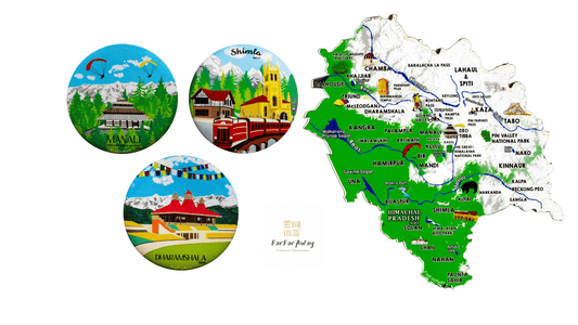 FarFarAway - Himachal Pradesh State Map and Shimla, Manali, Dharmshala pack of 4 Fridge Magnets