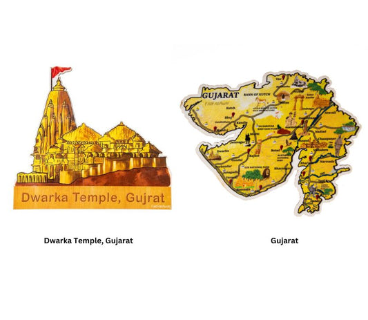FarFarAway - Gujarat State Map Fridge Magnet and Dwarka Temple Gujarat Fridge Magnet (Pack of 2)